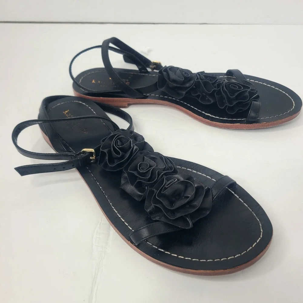 Kate Spade New York Caryl Black Leather Rosette Flower Flat Sandals Size 9.5